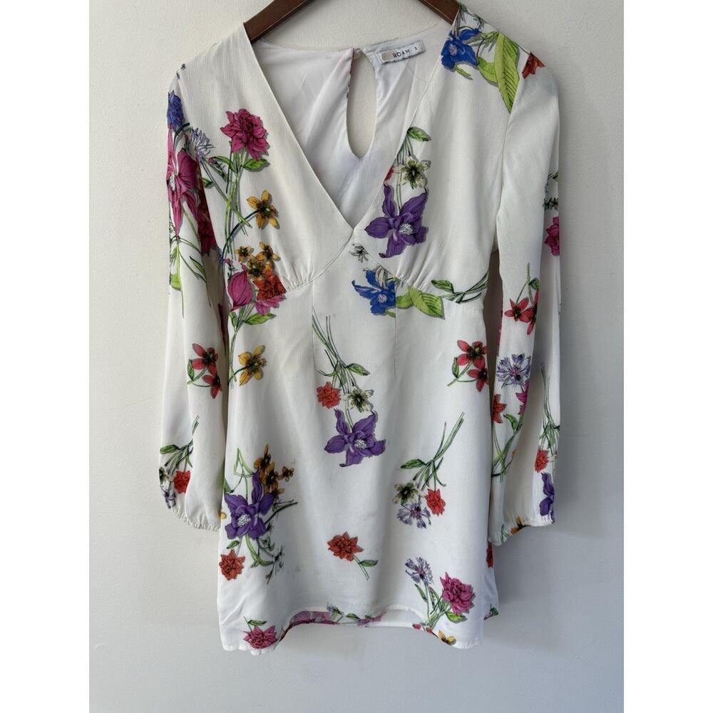 Roam Size Small Sardina Mini Shift Dress White Floral V Neck Cut Out Long Sleeve